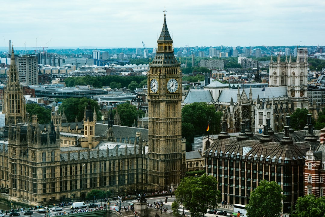 Aerial view of Big Ben and the Parliament building with the city scape in the background