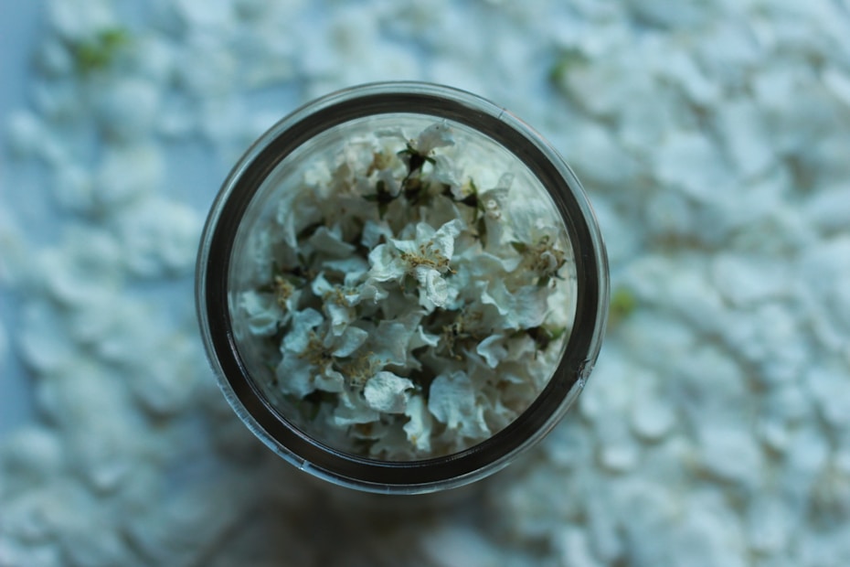 A top-down view of a glass container filled with small, dried white flowers. The focus is on the jar, with a soft, blurred background of more scattered dried flowers, creating a subtle, textured surface.