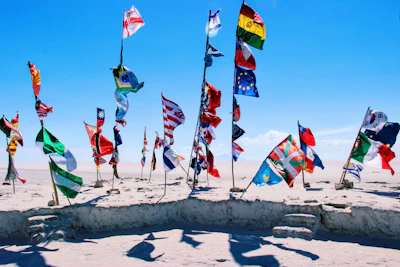 Flags of Saudi Arabia, UAE, Canada, USA, Australia, and Europe surrounding a digital globe.