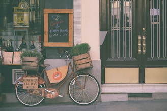 brown city bicycle near brown wooden door