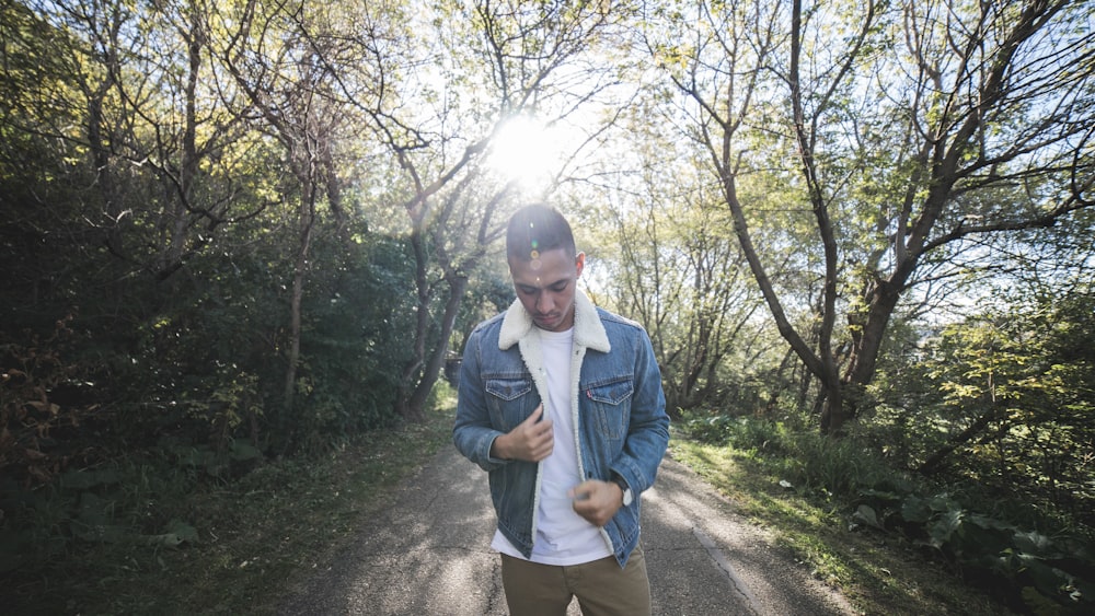 man walking on pathway between trees