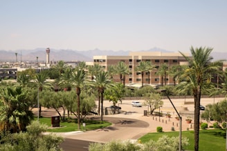 A landscaped urban area featuring a modern hotel or office building surrounded by numerous palm trees and greenery. In the background, a desert scene with distant mountains and a control tower rising above a cityscape.