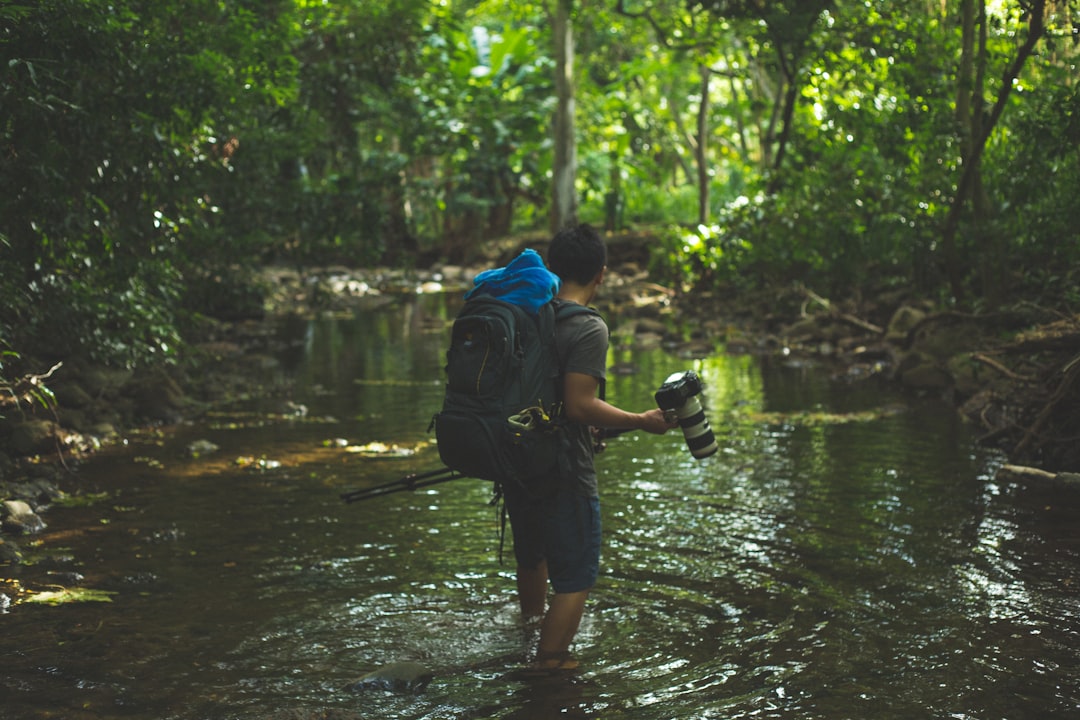 shallow focus photography of man walking in river