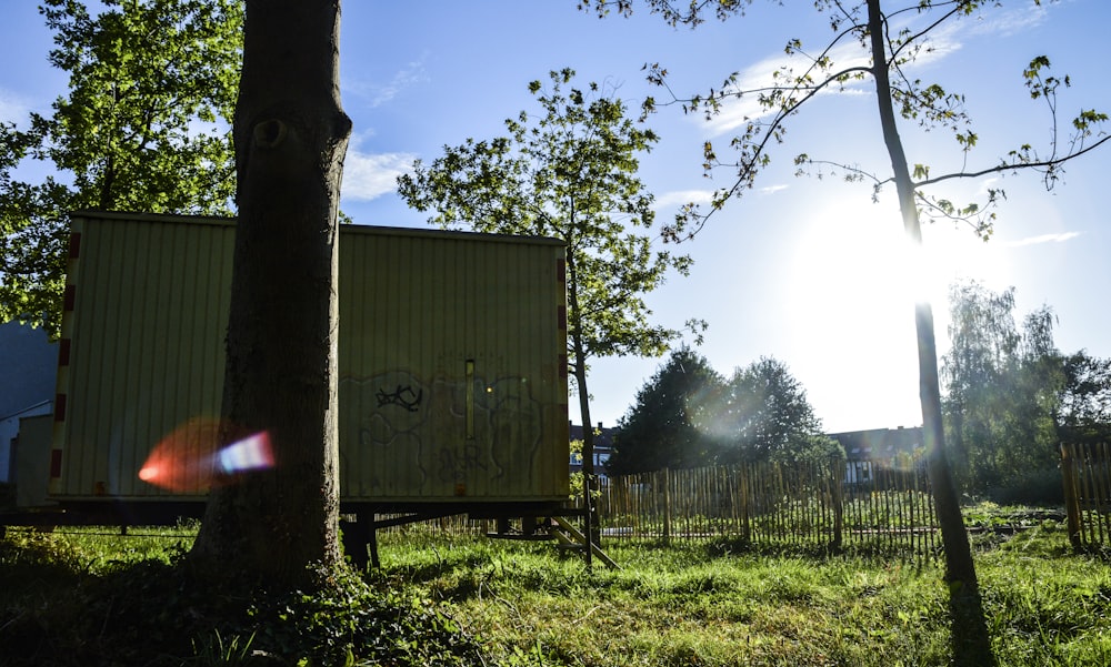 the sun shines brightly through the trees in the yard