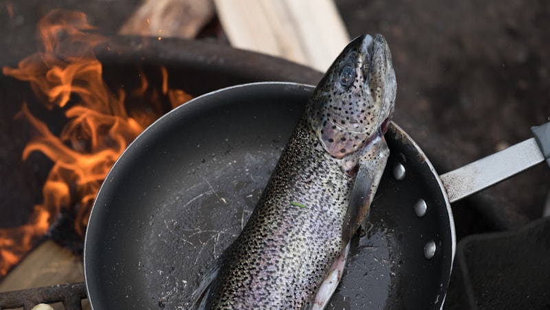 A whole speckled trout searing in a pan over an open fire