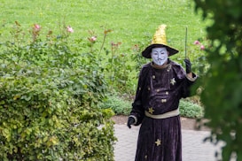 A person dressed in a wizard-like costume with a Guy Fawkes mask stands in a garden. The costume features a velvet robe with star patterns and a gold pointed hat. The background includes green bushes and pink roses in a lush garden setting.