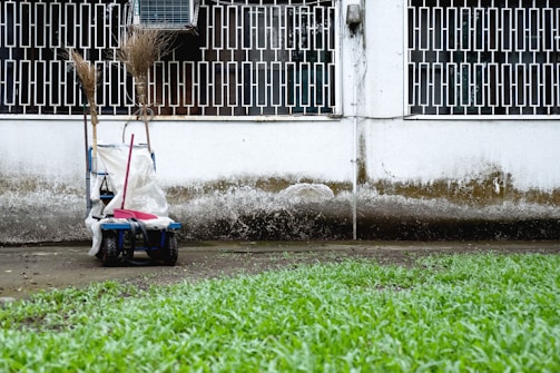 A cleaning cart is positioned against a wall with a geometric metal grille window above. It contains brooms and a mop. The wall shows signs of weathering, with a distinct dirty line. Green grass grows in the foreground.