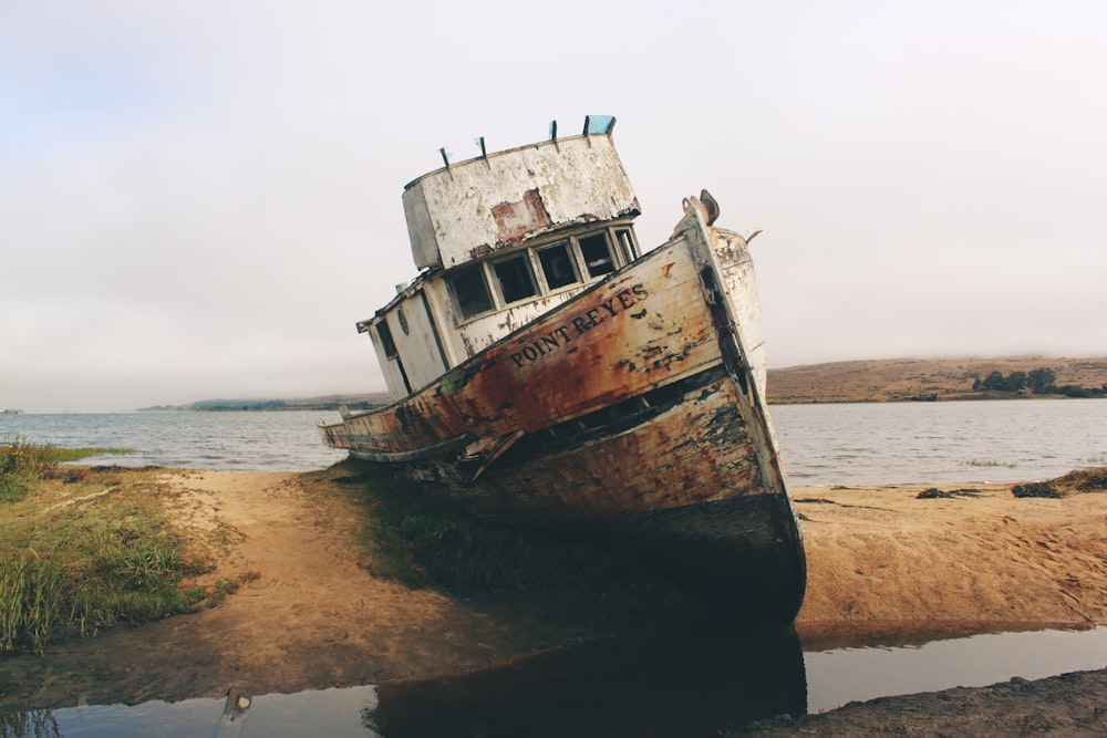 navio branco e marrom no litoral