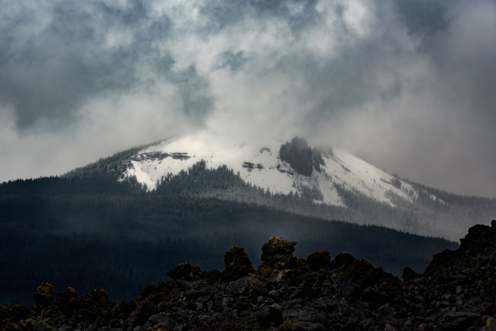 a mountain covered in snow under a cloudy sky