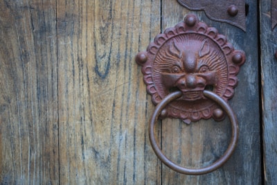 An intricately designed metal door knocker in the shape of an ornate face with a ring, mounted on a wooden door with visible grain texture.