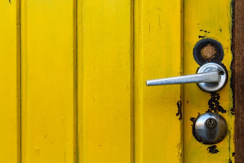 Close-up of a freshly painted front door with modern hardware.