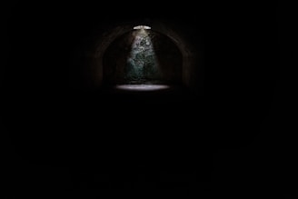 A dimly lit underground space with a stone arch and a small patch of light coming from above, illuminating the ground beneath.