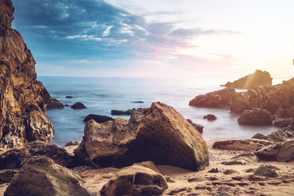 Rocky beach Wallpaper 4K, Sunset, Seascape, Coastline