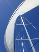 A tall sail on a sailboat is captured from below against a vivid blue sky, giving a sense of upward motion and expansive space. The sail is fully extended, showcasing its large size and elegant curve as it catches the wind. The mast and rigging are visible, adding structure and lines to the composition.