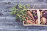 A colorful assortment of fresh root vegetables neatly arranged on a rustic table.