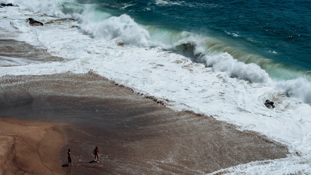 two person on seashore facing ocean waves
