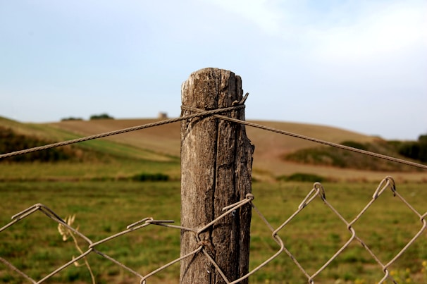 Close-up of galvanized farm fence posts anchored in concrete bases under a bright sky
