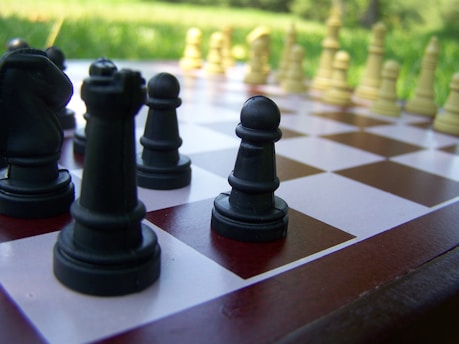 A close-up view of a chessboard featuring black chess pieces in the foreground with a blurred background of green grass and yellow chess pieces. The board is partially visible, showing alternating brown and white squares.