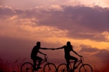 woman on bike reaching for man's hand behind her also on bike