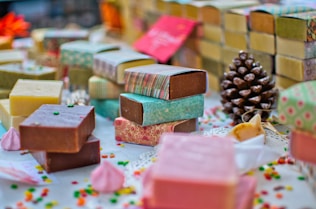 assorted-color bar soap lot on white surface