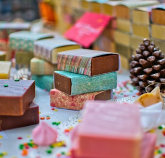 assorted-color bar soap lot on white surface