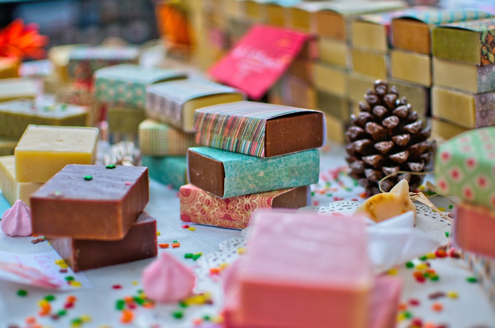 assorted-color bar soap lot on white surface