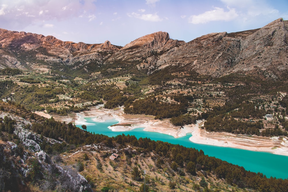 top view of river along mountain