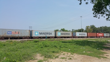 A long freight train is visible with multiple cargo containers labeled with different company logos such as Maersk and Hyundai. The train is positioned on a railway track, surrounded by greenery and open space. Nearby, a person in a blue outfit is walking along the railway path. The sky is clear, and a few trees are visible in the background.