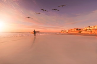 A serene beach at sunset with a lone surfer carrying a board along the shore.