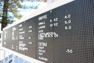 A black menu board listing coffee options with sizes and prices, as well as food and extras. The board is outdoors with trees visible in the background.