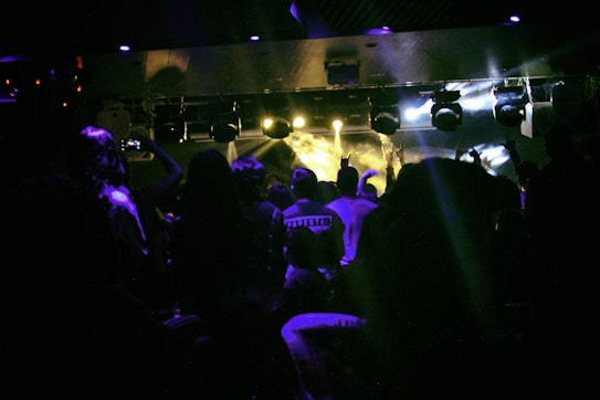 A dimly lit concert venue filled with an energetic crowd. People are standing, some with hands raised in excitement. Stage lights illuminate the area, casting vibrant beams of light across the scene.