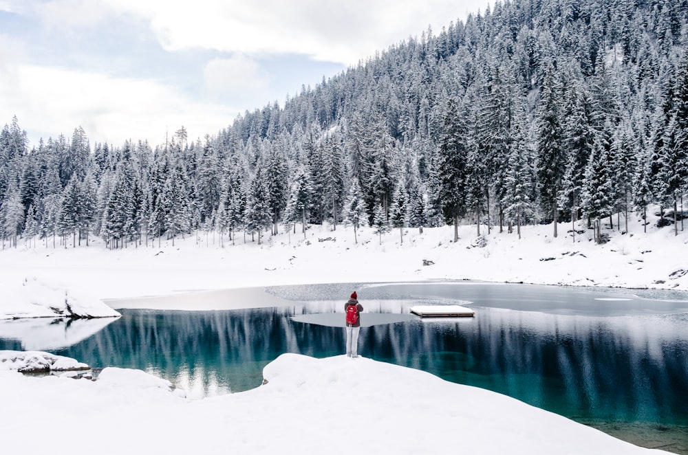 person standing beside body of water surrounded by snow field near trees