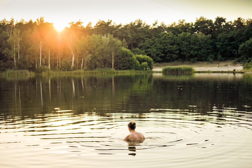 Pessoa de topless na água do lago perto de árvores durante o dia