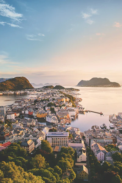 Aerial view of Ålesund's Art Nouveau town center between the harbor and the surrounding islands