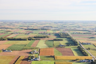 Aerial view of a vast expanse of farmland divided into neatly organized rectangular plots. The fields display a variety of colors, indicating different crops and stages of growth. Scattered farm buildings, silos, and narrow country roads are interspersed throughout the landscape. The horizon reveals a subtle curvature of the earth under a bright, clear sky.