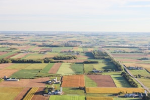 Aerial view of a vast expanse of farmland divided into neatly organized rectangular plots. The fields display a variety of colors, indicating different crops and stages of growth. Scattered farm buildings, silos, and narrow country roads are interspersed throughout the landscape. The horizon reveals a subtle curvature of the earth under a bright, clear sky.