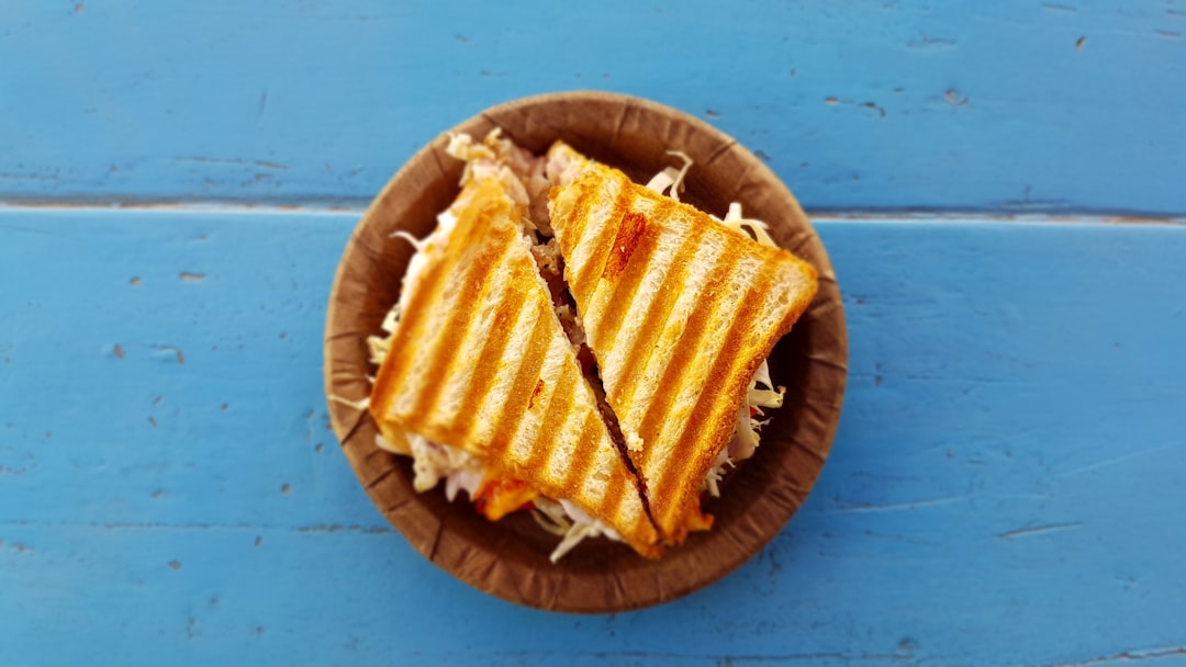 Grilled panini sandwich on a blue background