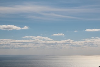 A peaceful ocean horizon with soft clouds above.
