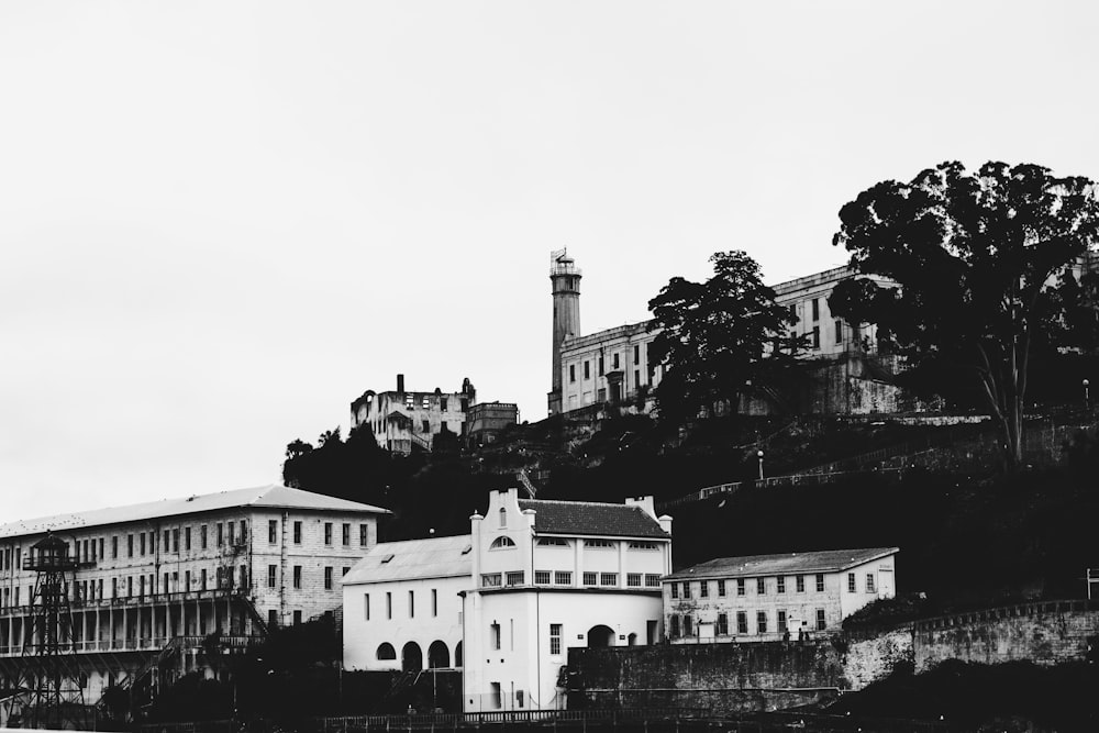 grayscale photo of buildings