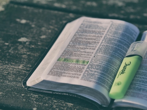 An open book with highlighted passages and a pen.