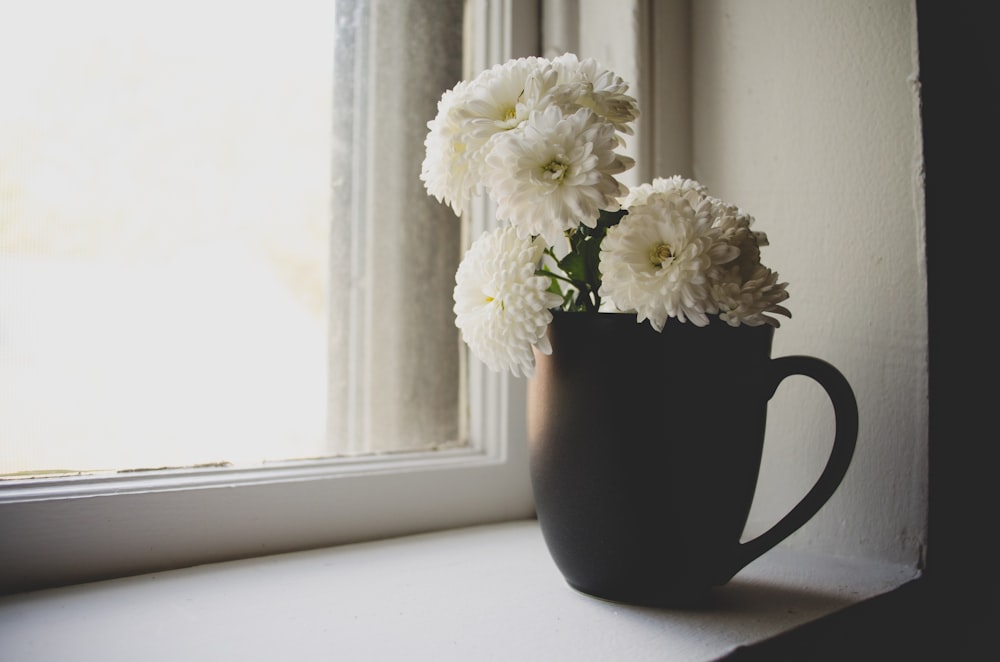 un vase de fleurs blanches assis sur le rebord d’une fenêtre
