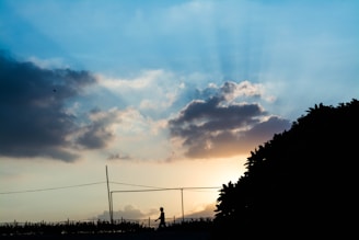 A dynamic shot of a model walking on a rooftop at sunset, with dramatic contrast and green accents.
