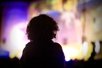 A silhouette of a person with curly hair is viewed from behind against a backdrop of vibrant, blurred lights and colors, creating an impressionistic effect.