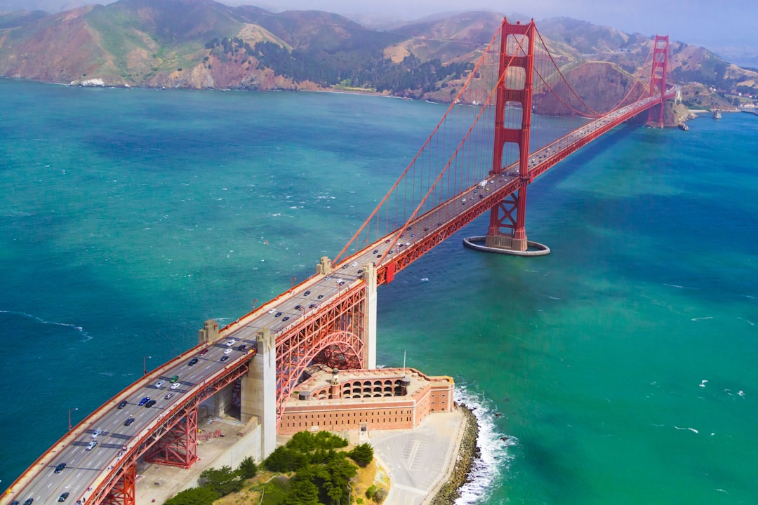 aerial view of Golden Gate Bridge, Golden Gate Bridge in sunlight