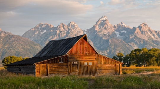 brown wooden house near brown mountain and green trees during daytime in Grand Teton National Park United States