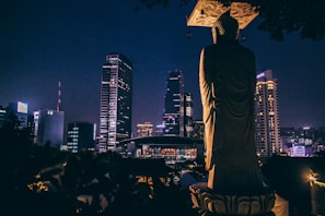A large statue of Buddha is silhouetted against the backdrop of a city skyline at night. The buildings are illuminated with lights, showcasing various architectural designs. The scene conveys a blend of spirituality and urban life.