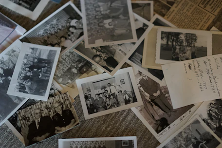A vintage family tree chart with handwritten notes and old photographs pinned around it.