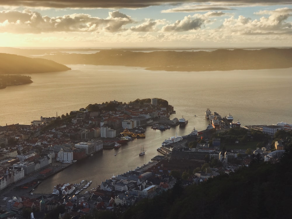 an aerial view of a city and a body of water