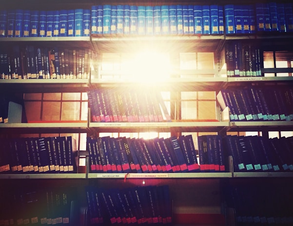 A shelf filled with books from the online library, highlighted by navy blue and golden lighting.