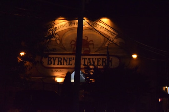 A dimly lit sign of a tavern is visible, with ornate text and a decorative element above it. The background is dark, with a few small bright lights accentuating the sign. Silhouettes of trees and electrical wires can be seen.